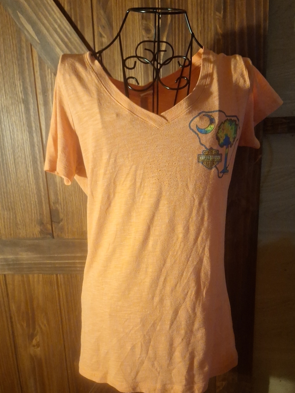 Harley-Davidson Orange V-Neck Short Sleeve Tee with Small Chest Graphic